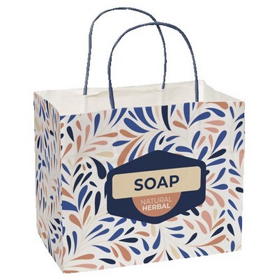 Multi-Sided Full Color White Shopper Paper Bag - Blue Handle (8.5"x 7.25"x 5")