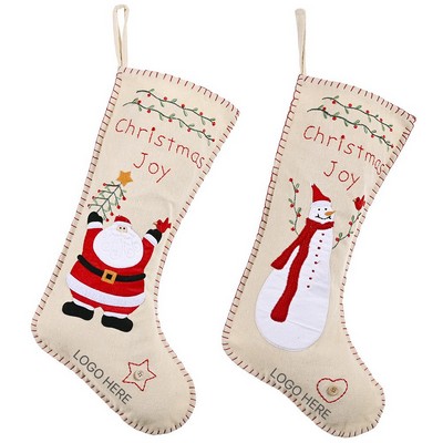 Christmas Burlap Embroidered Stocking Santa Snowman Hanging Ornament Sock Gift Bag