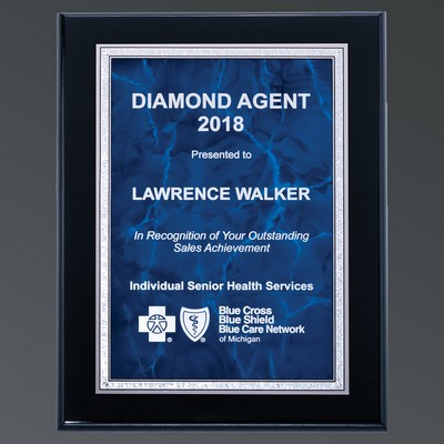 Ebony Piano Rectangle, Sapphire Blue Marble Aluminum Plate w/Silver Florentine, Large (9"x12")