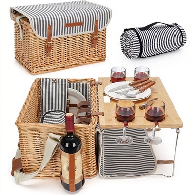 Outdoor four-person wicker picnic basket with table accessories