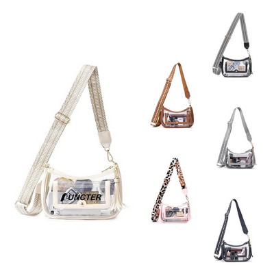 Transparent PVC Crossbody Bag - Stylish Clear Shoulder Purse with Patterned Adjustable Strap