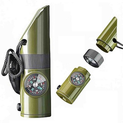 Emergency 7-in-1 Survival Whistle Kit Compass Thermometer LED Light Signal Mirror Waterproof Case