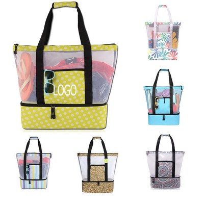 Insulated Beach Mesh Tote Bag with Bottom Thermal Layer
