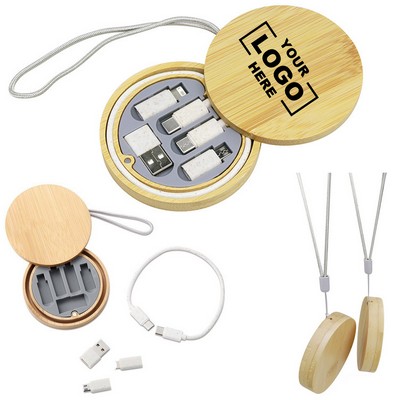 Custom Bamboo Eco-Friendly 6-in-1 Fast Charging Cable Set W/ Round Storage Case