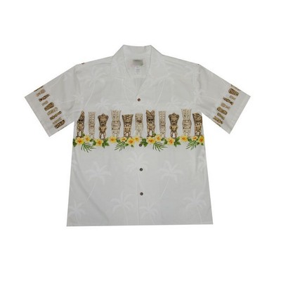 White Hawaiian Border Print Cotton Poplin Shirt w/ Button Front