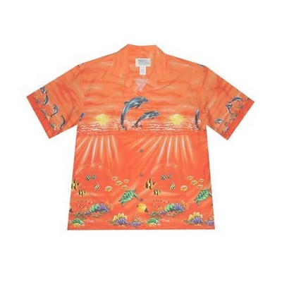 Orange Hawaiian Border Print Cotton Poplin Shirt w/ Button Front