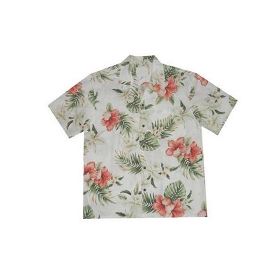 White Hawaiian Shirt (S - 3XL in-stock) - 100% Cotton Poplin Tropical Print w/ Coconut Buttons