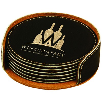 4" Round Black/Gold Leatherette Coaster Set
