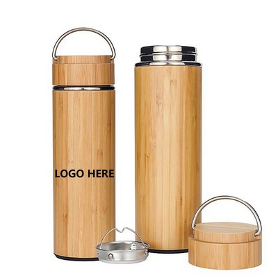 15 Oz. Vacuum-Sealed Bamboo Water Bottle w/Metal Handle