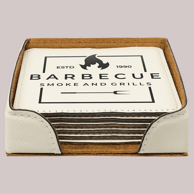 4" Square White 6-Coaster Set with Holder, Laserable Leatherette