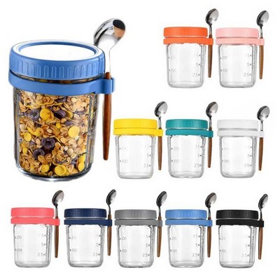 12oz Portable Glass Overnight Oats Breakfast Mason Jars W/ Lid & Spoon