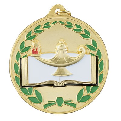 2 ½" Gold Enameled Die-Cast Lamp of Learning Medal w/Book