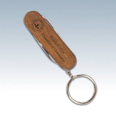 Wooden 3-Function Pocket Knife w/Keychain
