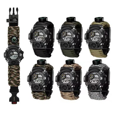Outdoor Multifunctional Tactical Military Survival Watch for Men w/Compass Paracord Band