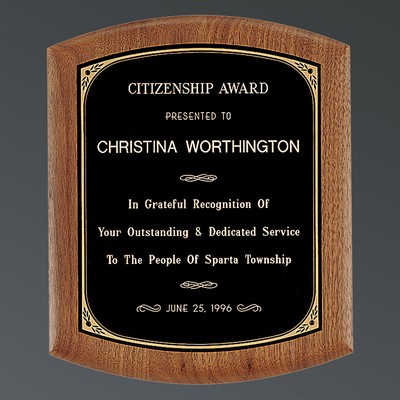 American Walnut Curved Edge Plaque, Black Brass/Gold Florentine, Large (9-1/2"11-1/2")