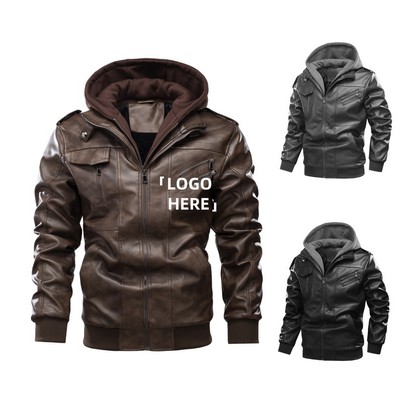 Pu Leather Cotton-Padded Warm Jacket W/Removable Hood