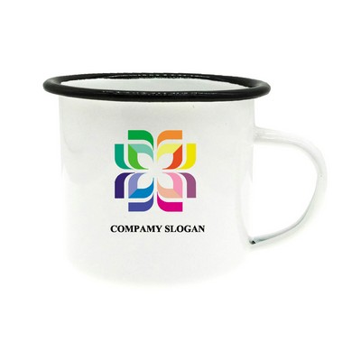 12oz Tin Camping Mug White Body Blue Rim Tin Mug Metal Enamel Mug