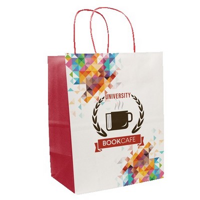 Multi-Sided Full Color White Shopper Paper Bag - Red Handle (8.25 x 10.25 x 5)