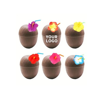 16 Oz Coconut Style Party Cup With Twist Close Lid And Flower Straw