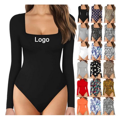 Long Sleeve Bodysuit for Women Neck Stretchy Sexy Slim Fit Tops Jumpsuit Shapewear