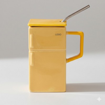 Retro Mini-Fridge Ceramic Mug with Lid & Straw Creative Office Coffee Cup & Fun Couple's Gift