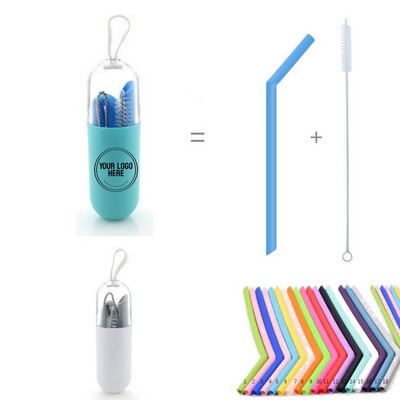 Portable Foldable Silicone Curved Straw With Brush
