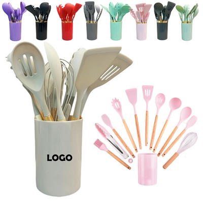 11-Piece Food-Grade Silicone Kitchen Utensil Set With Wooden Handles