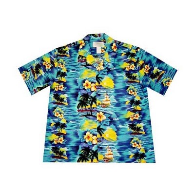 Navy Hawaiian Cotton Poplin Shirt w/ Button Front & Short Sleeves