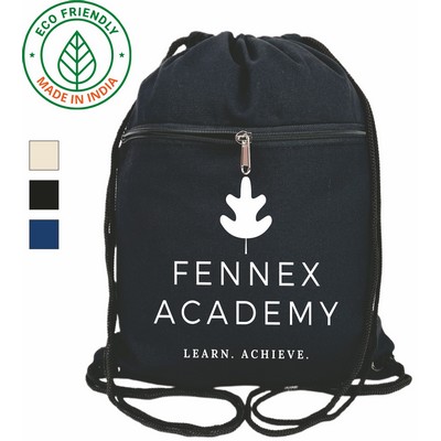 Active Eco Friendly 7 Oz. Canvas Drawstring Bag Backpack Black w/Zipper Pocket