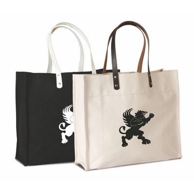 Eco-Friendly Reusable Cotton Canvas Shopping Tote with Leather Handles- Natural color