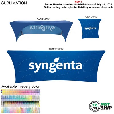 72 Hr Fast Ship - Sublimated Stretch Curved Fit Table Throw for 8ft table, 3 sided, Open Back