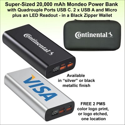 Super Sized 20,000 mAh Mondeo Power Bank 4 Ports, C & A, LED. Black Zipper Wallet No Extra Tariff