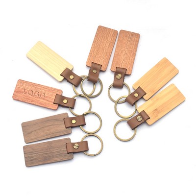 Rectangular Wooden Keychain w/ Leather Strap