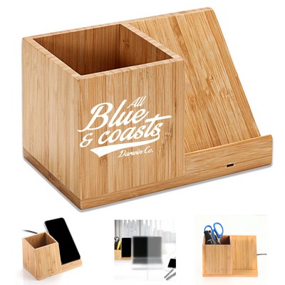 Bamboo Wireless Charger Desk Stand Organizer