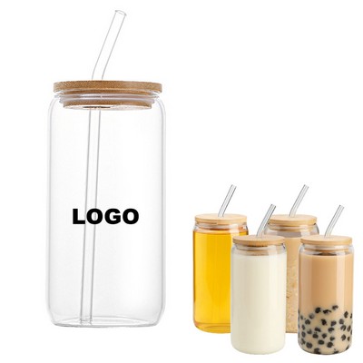 16 Oz Bamboo Lid Drinking Glass Bottles W/ Straw