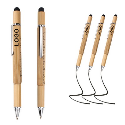 6in1 Bamboo Wood Multi Tool Pen Stylus Level Ruler Ballpoint Pen