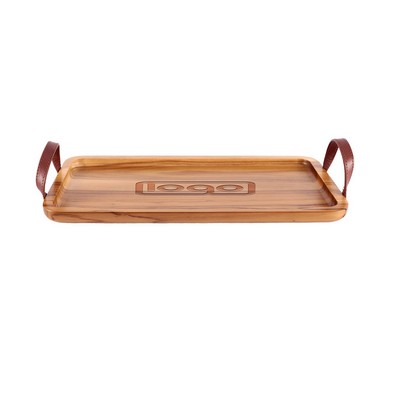 Rectangular PU Leather Handle Wooden Tray