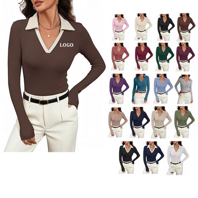 Women Long Sleeve V Neck Polo Shirt