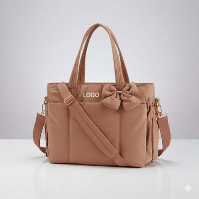 Winter Quilted Yoga Tote Bag Bow Design Padded Cotton Shoulder Bag Embroidered Grid Space Handbag