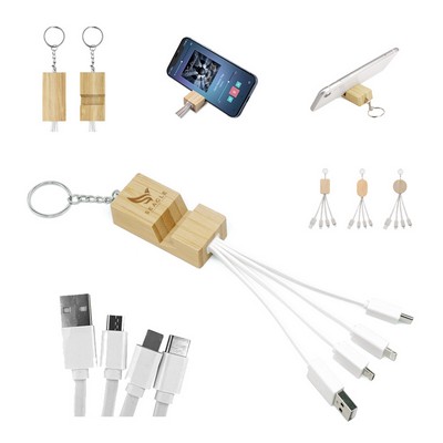 4-in-1 Bamboo Keychain Design Multi-Charging Cable with USB/Type-C/Micro USB/Lightning