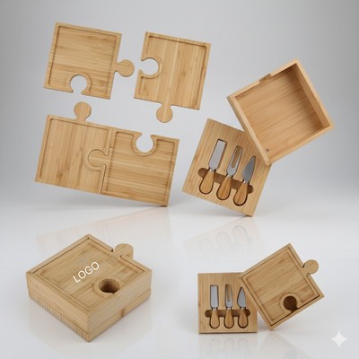 Bamboo Cutting Board Set 6in1 Puzzle Design Cheese Board with Bamboo Cheese Knives Kitchen Serving