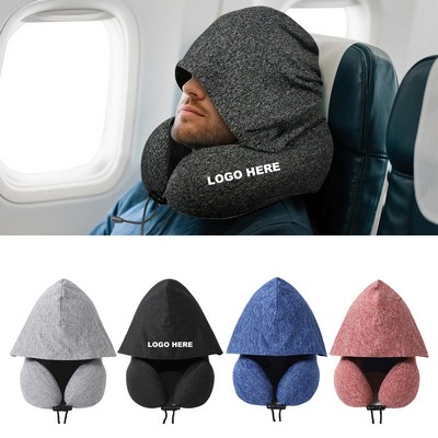 Hooded Travel Neck Pillow Light-Blocking U-Shaped Memory Foam Cushion