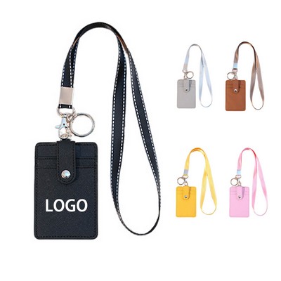 PU Leather ID Badge Card Holder With Detachable Neck Lanyard Strap