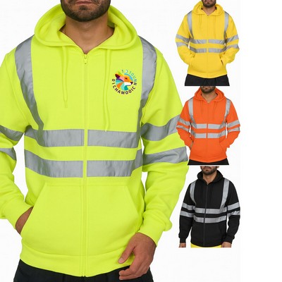 Safety Zipper Hoodie With Kangaroo Pocket Reflective