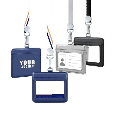 Genuine Leather ID Card Holder With Lanyard