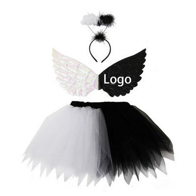 Angel Wings, Skirt & Floral Crown Set - Black and White 3-Piece