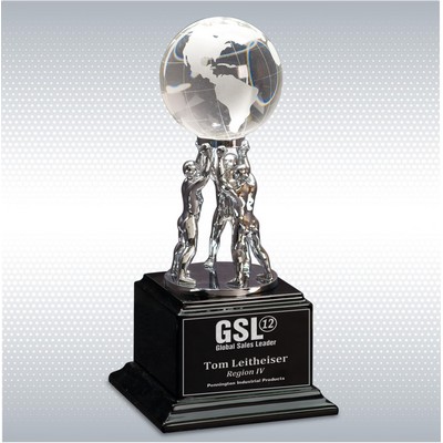 10" Clear Crystal Globe w/Silver Man/Stand On Black Base Award