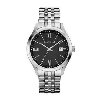 Caravelle Men's Quartz Stainless Steel Bracelet Watch Black Dial with Date Marker and Roman Numerals