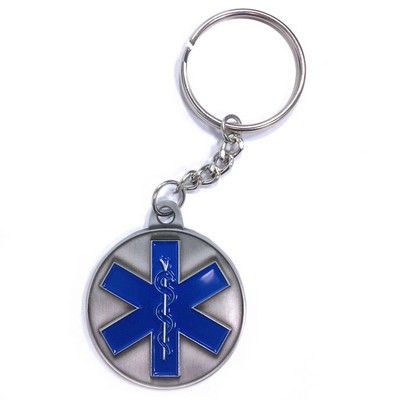 EMT EMS Star of Life Blue Enamel Pewter Keychain