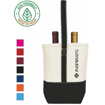 Premium Two Bottle Canvas Wine Tote Bag Holiday Promo Gift 16 oz Eco Friendly Black (8.5x10x3.5)